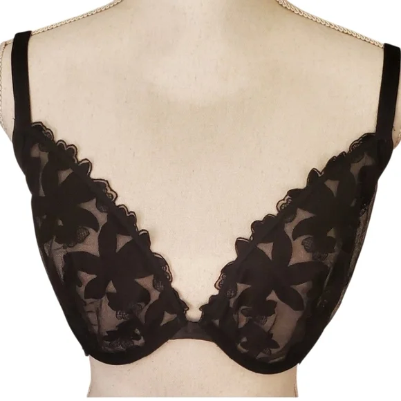 Victoria's Secret Dream Angels Black Floral Lace Plunge Unlined Bra Size 36DDD - Picture 6 of 7
